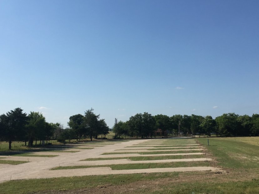 Elevated view of gravel RV pads laid out across a grassy field