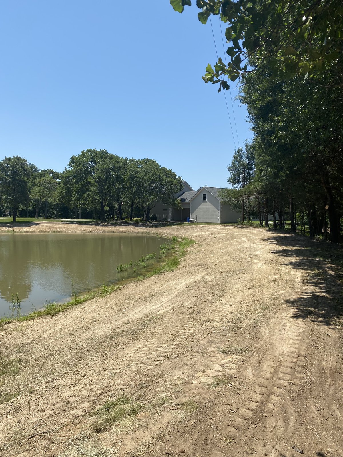 Graded dirt bank along a pond with a house visible through the trees